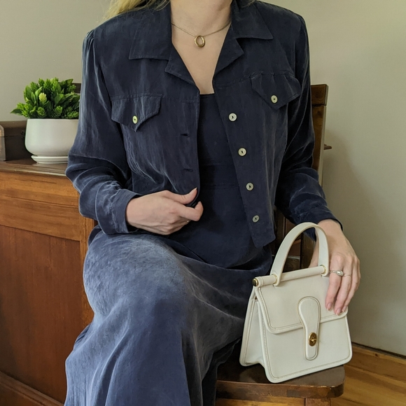 Vintage Navy Blue Silky Dress & Jacket Set - Picture 2 of 9